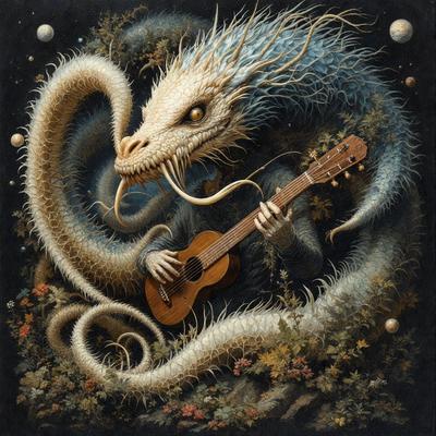 The primary subject of the image is a dragon-like creature holding a guitar. The dragon is surrounded by a forest-like setting, with a variety of plants and flowers visible in the background. The visual style of the image is a combination of digital art and illustration, creating a unique and intricate scene. The dominant colors in the image are green, blue, and red, giving the scene a lively and vibrant atmosphere.